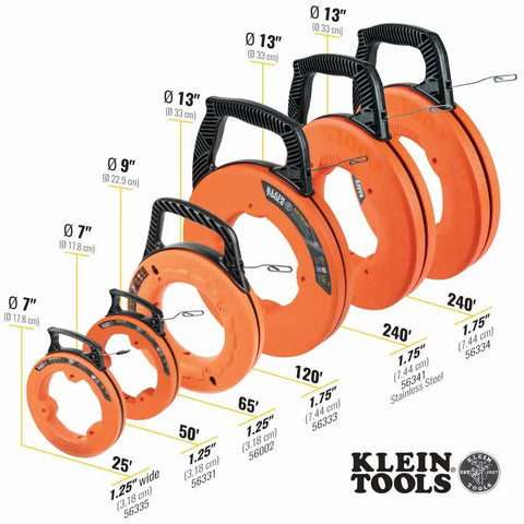 Various sizes of stainless steel electrical fish tapes with double loop tips and optimized housing, shown in increments, for wire pulls.