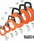 Klein Tools multiple sizes of electrical fish tapes with handles, including 1/8 Inch 120 Foot Steel Electrical Fish Tape With Double Loop Tip