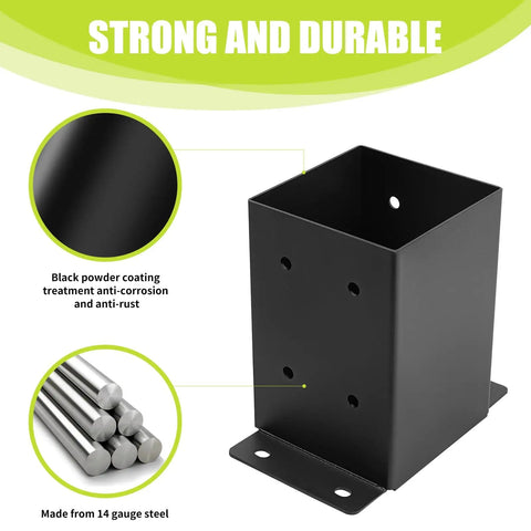 Beefy 4x4 Post Base Brackets, 8 Pack, Heavy Duty Solid Steel Deck Post Anchors With Black Powder Coat, steel post bracket close-up