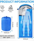 Product information with dimensions for Portable Waterproof Sleeping Bag For Adults And Kids, blue color, polyester material.