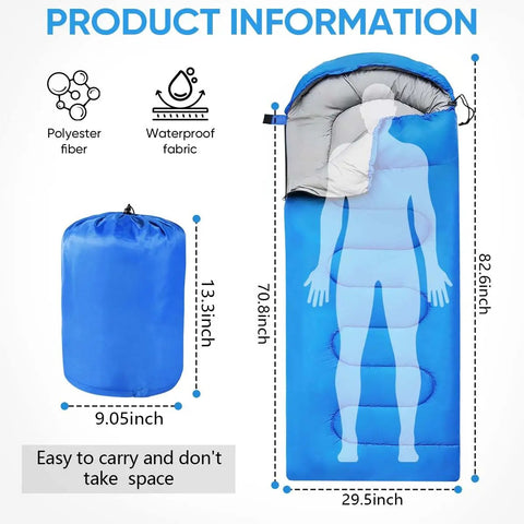 Product information with dimensions for Portable Waterproof Sleeping Bag For Adults And Kids, blue color, polyester material.