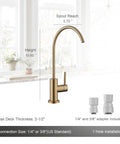Top Shelf Champagne Bronze Kitchen Water Filter Faucet Built To Drop Right Into Most Reverse Osmosis Systems Drawing Crisp Water With Zero Stress Using Lead Free Stainless Steel And A Rock Solid Drip Free Cartridge, showing dimensions and installation details.