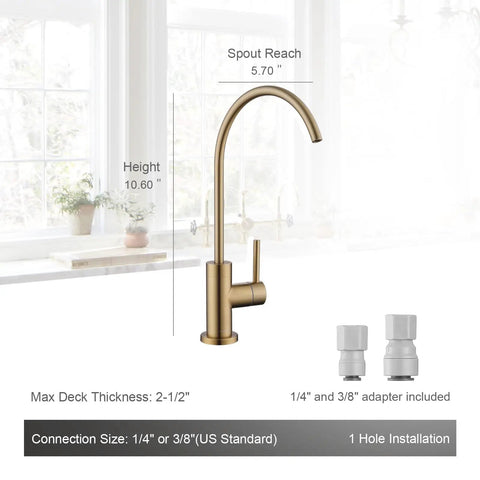 Top Shelf Champagne Bronze Kitchen Water Filter Faucet Built To Drop Right Into Most Reverse Osmosis Systems Drawing Crisp Water With Zero Stress Using Lead Free Stainless Steel And A Rock Solid Drip Free Cartridge, showing dimensions and installation details.