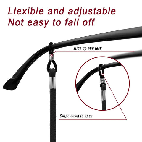 Close-up of black adjustable suede glasses strap attached to eyewear, demonstrating lock feature with Six Pack Glasses Straps For Sports.