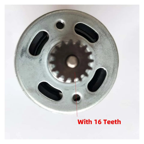 Top view of 18V DC motor with 16-tooth gear for Matrix drill, lightweight and rugged build, high quality materials visible.