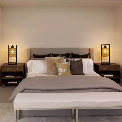 Farmhouse Rattan Table Lamps Set of 2 with Boho Vibe flanking a cozy bed in a softly lit bedroom