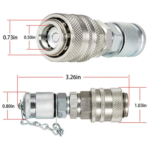 Hydraulic pressure test coupling kit, chrome metal, Parker PD Series compatible, side view.