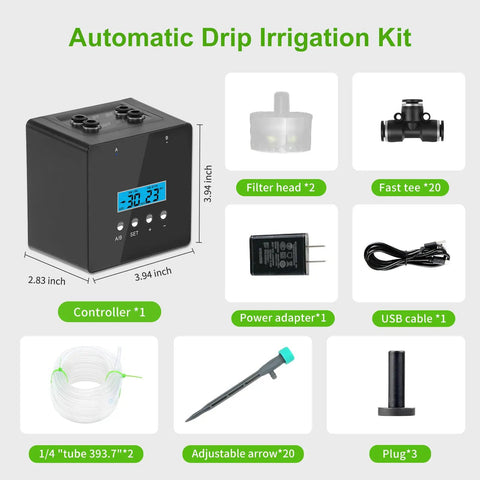 Automatic Watering System For Potted Plants With Programmable Timer And Dual Self Priming Pumps indoor kit contents.