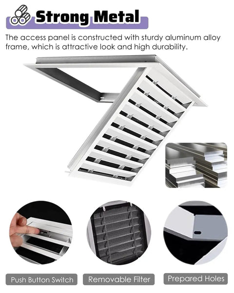 24 X 24 Inch Attic Access Panel And Drywall Vent Cover With Heavy Duty Louvered Grille showcasing aluminum frame and removable filter.