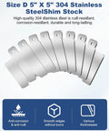 Essentials Shop Kit 56 Piece 5X5 Inch Precision Metal Leveling Shims With Eight Distinct Thicknesses For CNC Machining And Automotive Alignment Offering Dead Center Workbench Setup And Rock Solid Tolerance Tweaks, stainless steel shims arranged in a row.