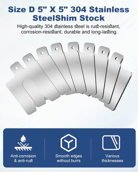 Essentials Shop Kit 56 Piece 5X5 Inch Precision Metal Leveling Shims With Eight Distinct Thicknesses For CNC Machining And Automotive Alignment Offering Dead Center Workbench Setup And Rock Solid Tolerance Tweaks, stainless steel shims arranged in a row.