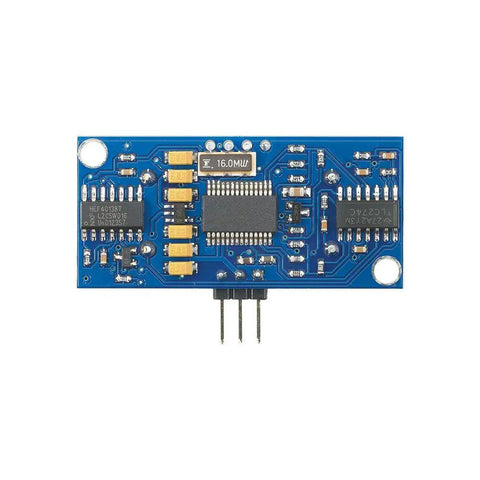 Ultrasonic Distance Sensor With Single Trigger Pin For Easy Distance Measurements In Robotics And Arduino Projects Great For Moving Or Stationary Objects And Precise Readouts No Fuss Plug And Play Setup showing front view of PCB board with 3-pin header.