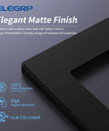 Close-up of Matte Black 1 Gang Screwless Decorative Wall Plate Standard Size Built To Last Thermoplastic Faceplate with text details