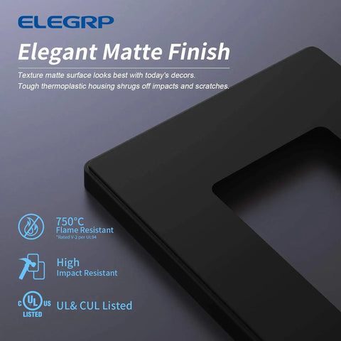 Close-up of Matte Black 1 Gang Screwless Decorative Wall Plate Standard Size Built To Last Thermoplastic Faceplate with text details