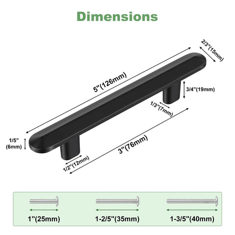 Dimensions of Ten Pack 3 Inch 76mm Hole Centers Matte Black Solid Zinc Alloy Cabinet Handles And Drawer Pulls Built Tough