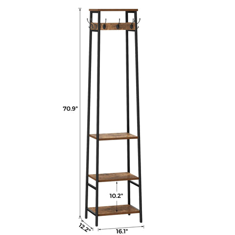 Freestanding Coat Rack With Seven Hooks And Three Shelves For Entryway Or Hallway, Industrial Rustic Brown And Black Finish, Space Saving