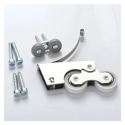 Heavy Duty Double Wheel Caster Set That Glides No Sweat For Sliding Doors Window Tracks And Roomy Wardrobes Featuring Smooth Rolling Dual Ball Bearing Pulleys with screws and rollers.