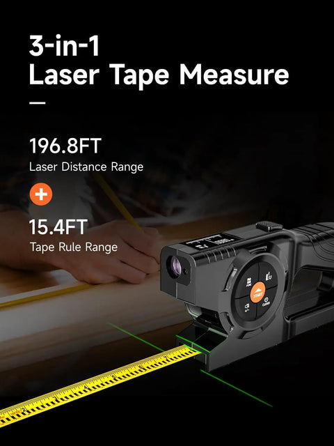 3-In-1 Digital Tape Measure With Laser Up To 196 Feet, Auto Lock Tape, Instant Digital Readout, Green Laser Extension, Handy Measuring List With Memory For Quick And Accurate Home Or Workshop Measurements on black background