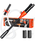 BestCosy portable electric siphon fuel transfer pump with orange/black handle, white hose, and two batteries