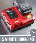 20V Brushless Power Tool Combo Kit With Drill Driver Reciprocating Saw Oscillating Multi Tool Bluetooth Speaker Sander Spotlight And Fast Charger showing a red battery charger with a charging battery.