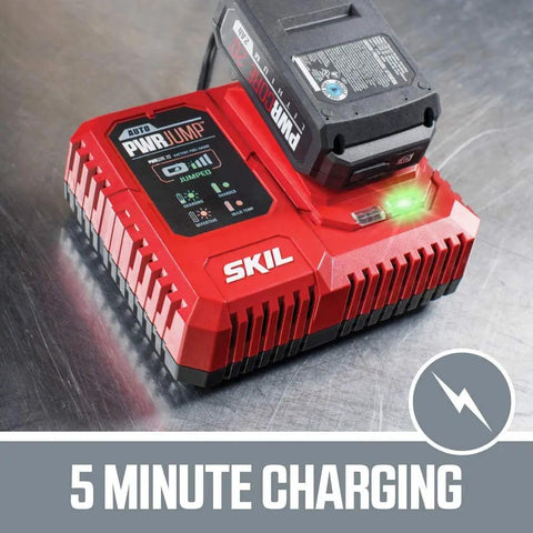 20V Brushless Power Tool Combo Kit With Drill Driver Reciprocating Saw Oscillating Multi Tool Bluetooth Speaker Sander Spotlight And Fast Charger showing a red battery charger with a charging battery.