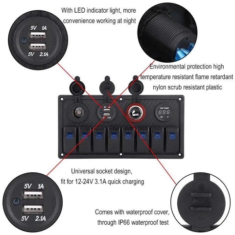 8 Gang Marine Switch Panel For Cars Boats And RVs 12V 24V LED Switch Panel With Dual USB Ports Voltmeter And Cigarette Lighter Waterproof