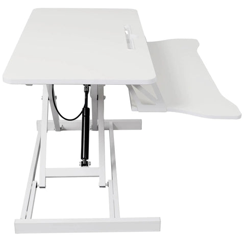 Sit To Stand Computer Desk With Pull Out Keyboard Tray Ergonomic Office Workstation featuring white surface and gas spring height adjustment.