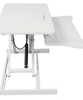 Super Comfy Height Adjustable Standing Desk With Swivel Keyboard Tray For Home Office Computer Workstation Straight Up Ergonomic Design Smooth Movement side view of white desk with adjustable height mechanism