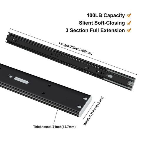 Ten Pairs Twenty Inch Black Soft Close Drawer Slides Heavy Duty Runners Built Tough And Quiet Easy Install With Screws And Instructions Rust Resistant Galvanized Rails For Smooth Drawer Action, 20in slide
