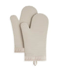 Ribbed Soft Silicone Oven Mitts 2 Pack Heat Resistant To 500 Degrees Waterproof Non Slip Handles 7 by 13 inches in tan color.