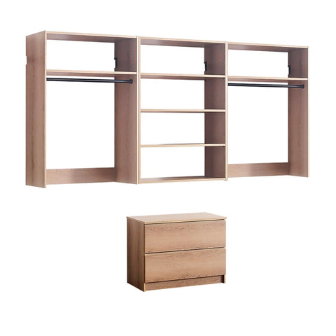 Modern Oak Wall Closet Organizer With Modular Shelves And Kickass Hanging Rod Heavy Duty Mounted Storage Rack For Bedroom Entryway And Laundry Room No Sweat Setup with shelves and drawers.