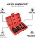 Premium Alloy Steel Socket Adapter Set For Impact Wrench And Ratchet Black Drive Converter Kit That Lets You Match Any Drive Size To Your Existing Sockets So You Can Crush It On Auto Repairs Without Buying Duplicates Ever Again While Getting That Sick. red case with four black alloy steel adapters for auto repair