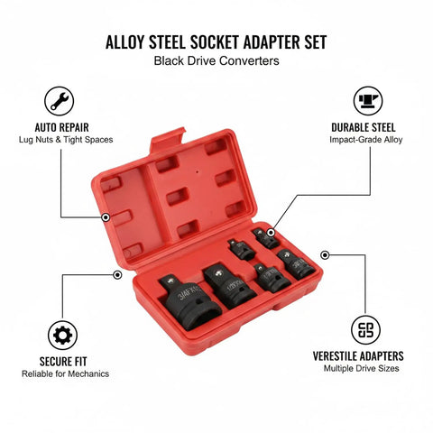 Premium Alloy Steel Socket Adapter Set For Impact Wrench And Ratchet Black Drive Converter Kit That Lets You Match Any Drive Size To Your Existing Sockets So You Can Crush It On Auto Repairs Without Buying Duplicates Ever Again While Getting That Sick. red case with four black alloy steel adapters for auto repair