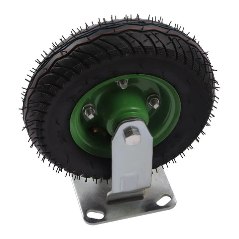 Heavy Duty Pneumatic Caster Wheels Set Of Four Includes Two Swivel And Two Rigid Fixed Air Tires with thick rubber treads on a metal bracket.