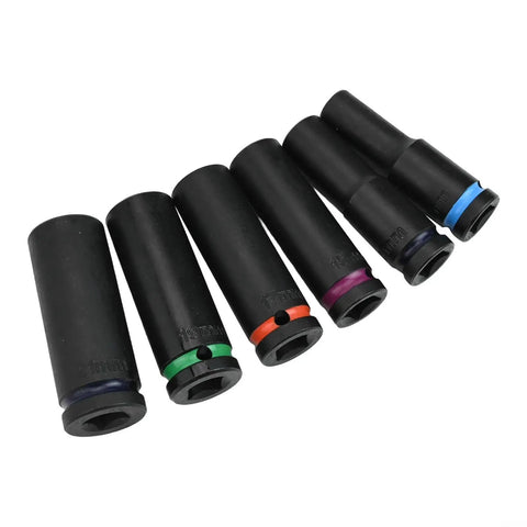 Six black sockets on display for Half Inch Pneumatic Socket Set, 6 Piece Deep Sockets In Chrome Vanadium, 10mm-21mm, Auto Repair Tool Kit.