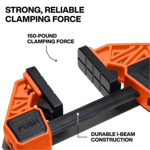Close-up of Speed Klamp Bar Clamp Set showing 150-pound clamping force and durable I-beam construction.