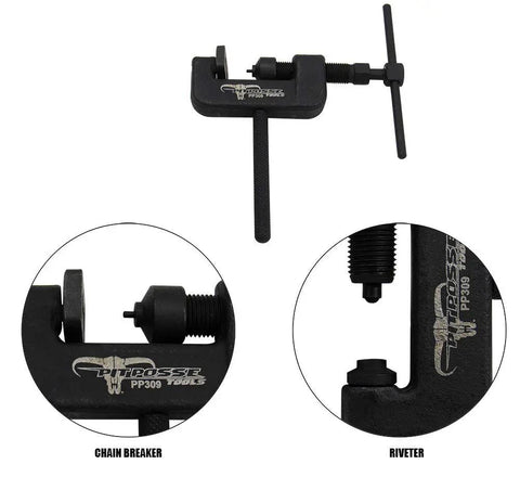 Close-up of motorcycle chain breaker and riveting tool kit with focus on chain breaker and riveter components.