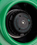 Close-up of Active Air 720 CFM Inline Fan 8 Inch with eco-friendly green casing, highlighting fan blade details.