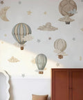 Watercolor Hot Air Balloon Fabric Wall Sticker Peel and Stick Decals With Stars and Clouds for Baby Nursery Kids Bedroom Playroom Decor