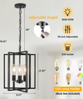 Straight Up Matte Black 3 Light Farmhouse Chandelier With Adjustable Height And Solid Metal Cage Build Perfect For Your Kitchen Island Dining Room Or Entryway Level Up Your Home Game Today, dimensions and adjustable features displayed.