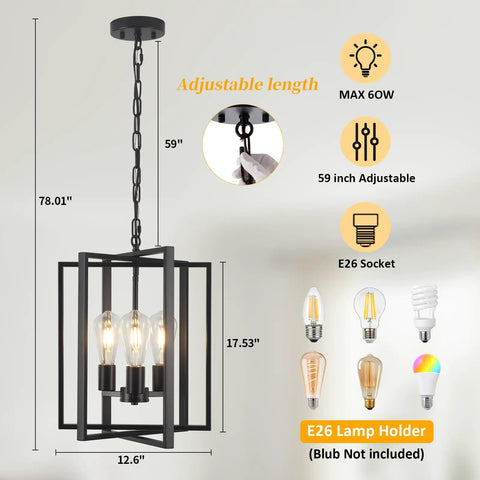 Straight Up Matte Black 3 Light Farmhouse Chandelier With Adjustable Height And Solid Metal Cage Build Perfect For Your Kitchen Island Dining Room Or Entryway Level Up Your Home Game Today, dimensions and adjustable features displayed.