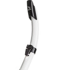 Top view of semi dry snorkel with flexible tube and drop away design splash guard keeps water out at the surface hypoallergenic mouthpiece