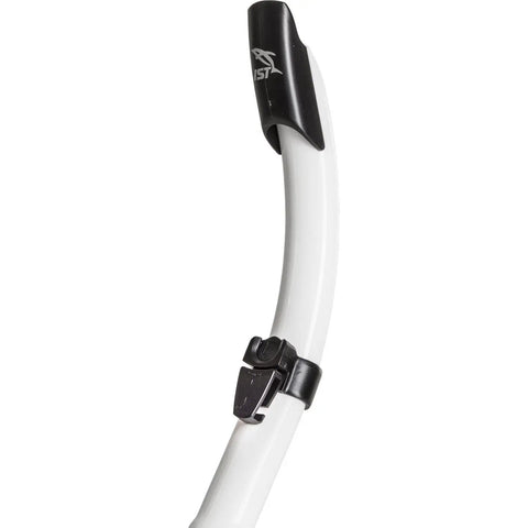 Top view of semi dry snorkel with flexible tube and drop away design splash guard keeps water out at the surface hypoallergenic mouthpiece