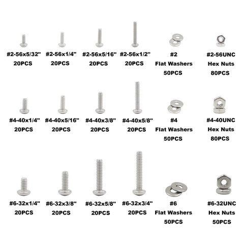 Stainless Steel 304 Phillips Pan Head Screws Set With Hex Nuts And Flat Washers, Coarse Thread, Sizes 2 56, 4 40, 6 32 UNC