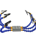 Hosrivae Flexible Helping Hands Tool With 6 Adjustable Vise Arms And Heat Resistant Clip Tips For Soldering Iron Holder And Precision PCB Welding Repair Station Work with blue flexible tubes and steel clips.