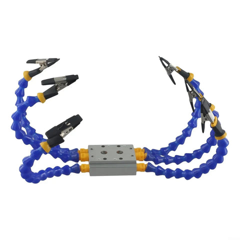 Hosrivae Flexible Helping Hands Tool With 6 Adjustable Vise Arms And Heat Resistant Clip Tips For Soldering Iron Holder And Precision PCB Welding Repair Station Work with blue flexible tubes and steel clips.