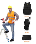 Electrician Tool Backpack With Laptop Compartment Waterproof 600D Polyester Workhorse Gear Bag For Trades, front, side, bottom views