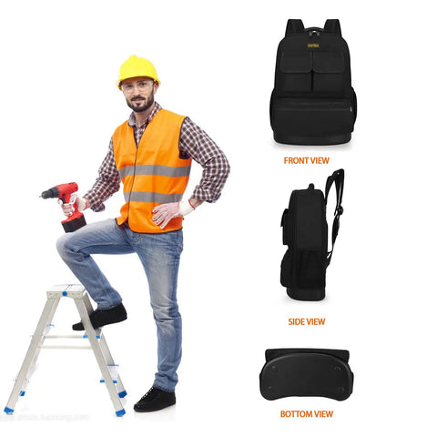 Electrician Tool Backpack With Laptop Compartment Waterproof 600D Polyester Workhorse Gear Bag For Trades, front, side, bottom views