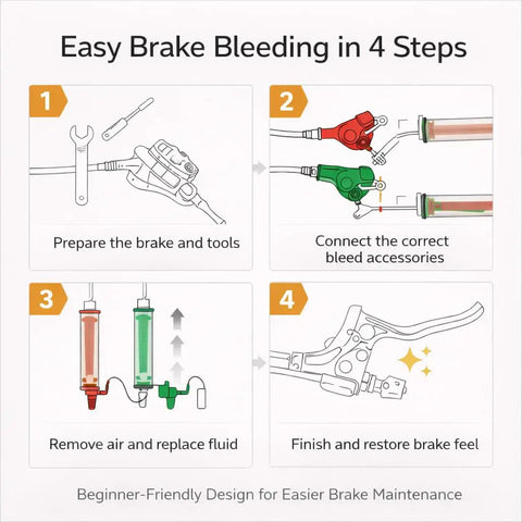 DIY Friendly Brake Bleed Kit For Maven DB8 DB4 DB6 Mineral Oil And Avid DOT 4/5.1 Hydraulic Disc Brakes Dual-System Bleeding Tool Set No Fluid Included instructional diagram with four steps.