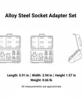 Premium Alloy Steel Socket Adapter Set For Impact Wrench And Ratchet Black Drive Converter Kit That Lets You Match Any Drive Size To Your Existing Sockets So You Can Crush It On Auto Repairs Without Buying Duplicates Ever Again While Getting That Sick. alloy steel socket adapter set case dimensions shown